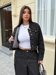 Jeanoix Plus Size Women's Fashionable Casual Washed Jacket - Black - View 9