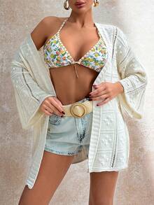 SHEIN Crochet Knit Open Front Long Sleeve Hollow Out Kimono Cardigan With Textured Pattern And Relaxed Fit For Women - Apricot - View 7