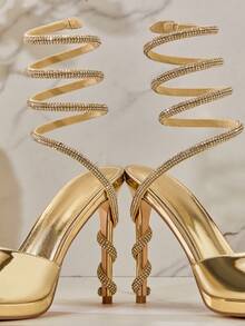 SHUZIA Fabulous Women's Black Gold Wrap Around Rhinestone Ankle Strap Heel, Round Toe Spring Summer Chic Holiday Shoes Valentine's Day - Gold - View 7