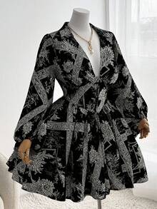 Sweetra 大码女式碎花收腰长袖休闲连衣裙，秋季款 - 黑與白 - 查看 1