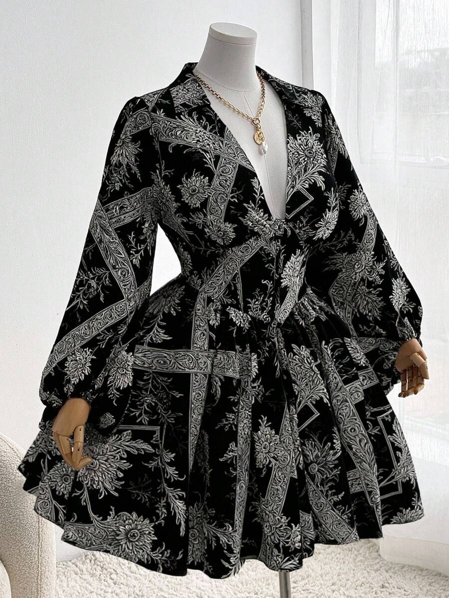 Sweetra 大码女式碎花收腰长袖休闲连衣裙，秋季款 - 黑與白 - 查看 1