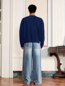 SWAVVY Cárdigan de manga larga con cuello en V, abotonado, con bordado de corazón para hombre - azul real - Ver 2