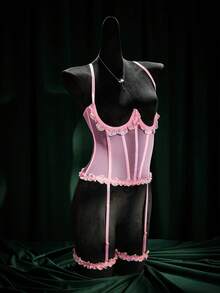 SpicyHot 情人节蕾丝网纱性感内衣套装（3件套） - 粉色 - 查看 3