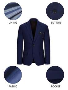 SHEIN 5件套男童西装套装 - 平驳领西装外套 + 单排扣马甲 + 半松紧腰裤 + 纯白衬衫 + 领带，适合日常穿着、颁奖典礼、生日派对、婚礼、婚礼宾客、花童、戒指童等场合。 - 藏蓝色 - 查看 4