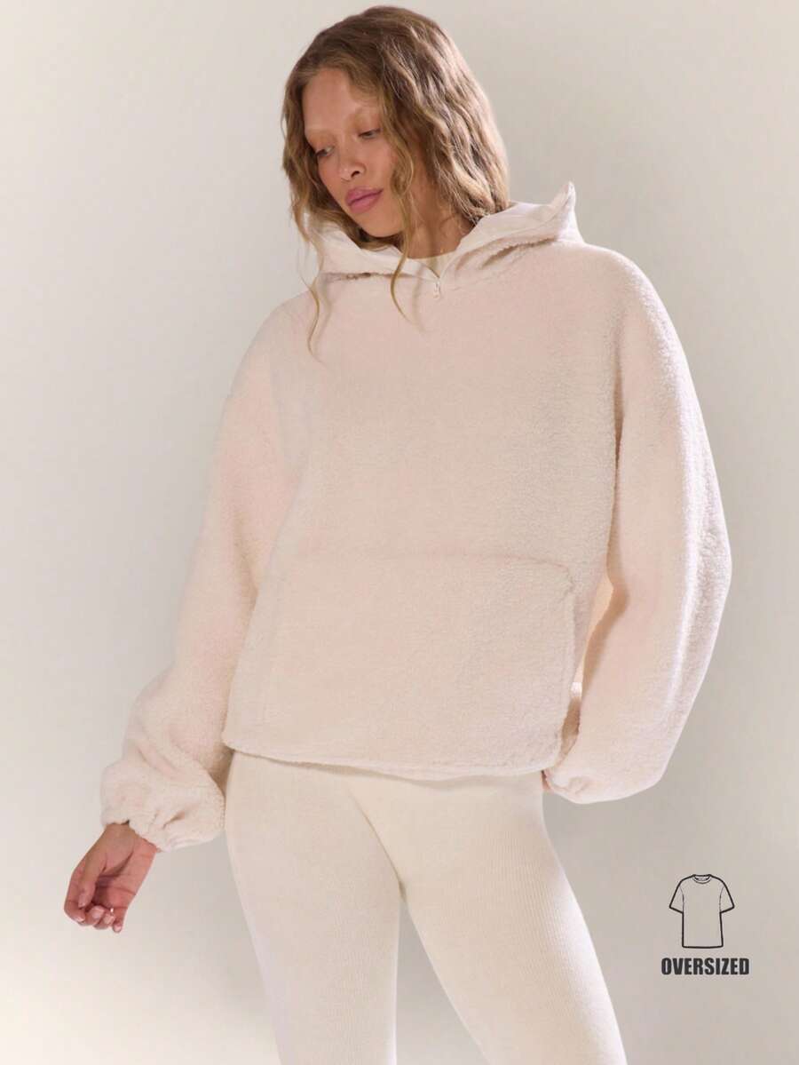 MUSERA Oversized Zip Through Hooded Loose Fit Borg Fleece Autumn Fall Ski Vacation Lounge Holidays Summer Spring - Cream - View 1