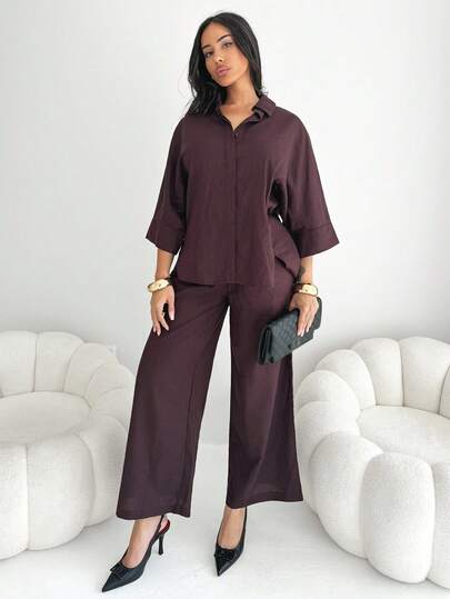 Shopreo 2 件套女士混纺侧开衩宽松衬衫和高腰阔腿裤优雅商务休闲女装