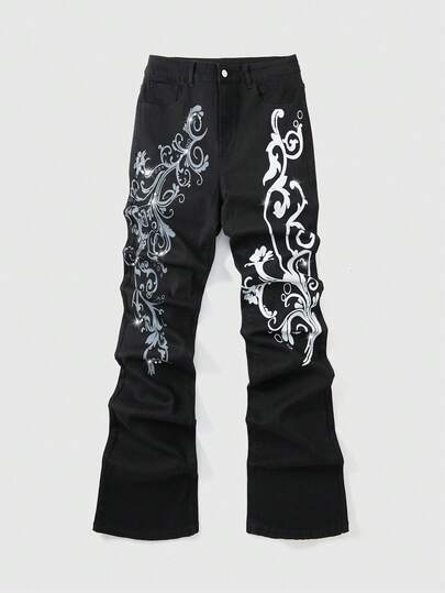 Jeans casual da uomo con stampa floreale e decorazioni in strass, modello a zampa d'elefante