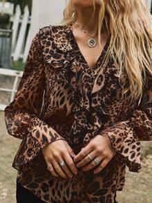 Freevana Women's Chiffon Printed Long Sleeve Shirt, Vacation Wear Leopard Print Ruffle Hem Blouse - Khaki - View 10