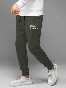 SHEIN Cottnline Men's Drawstring Waist Letter Print Sweatpants - Army Green - View 3