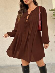 SHEIN Frenchy Plus Size Women's Casual, Vacation, Daily Commute Simple Solid Color Knot Front Lantern Sleeve Fold Pleated Loose Dress, Spring/Autumn - Coffee Brown - View 6