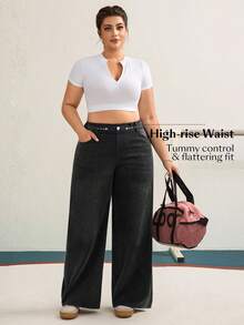 Flexra 大码女式针织牛仔宽松直筒弹力牛仔裤 - 黑色 - 查看 5