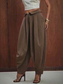 Hauture Women's Balloon Leg Pant With Low Rise Turn Down Waistband - Brown - View 6