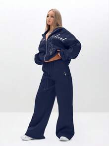 BABYPHAT Relaxed Baggy Sweatpants With Logo Embroidery Wide Leg Loungewear Joggers High Waisted Casual Comfort Pants - Navy Blue - View 7