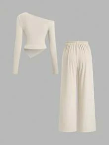 Sweetra Damen Neuer Herbst/Winter Allround-Zweiteiler, Metall-Dekor asymmetrisches Off-Shoulder Langarm-Top & Lässige gerade Weite-Bein Hose Anzug - Aprikosenfarben - Übersicht 2