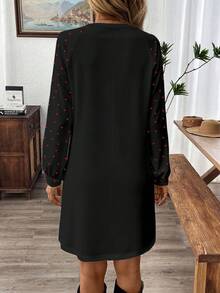SHEIN LUNE 休闲波点圆领女士迷你连衣裙，适合春秋季节，复古风格，百搭，学院风，返校季、派对、聚会等场合皆宜。 - 黑色 - 查看 2