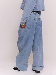 MUSERA 褶裥前片阔腿深色水洗牛仔裤，仅限秋季/冬季夜间外出街头风，可爱 - 淺藍色 - 查看 4