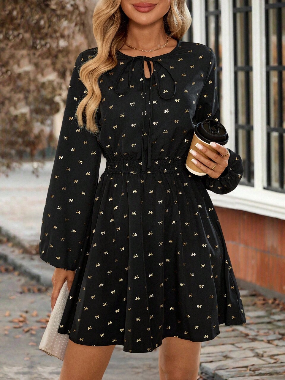 Plus Size Allover Print Twist Front Long Sleeve Dress, Black And Gold, Autumn, Cute, Comfortable Christmas & Thanksgiving Outfits For Women, Elegant