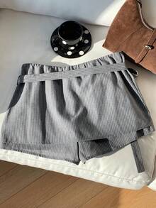 Comfortcana Quần short nữ họa tiết sọc có thắt lưng, thích hợp mặc đi làm và mặc hàng ngày, mùa hè - Xám - Xem 2