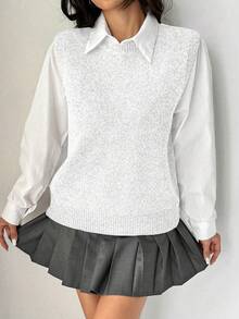 Zielony Áo vest len nữ màu trắng trơn cổ tròn, dáng suông, dài vừa phải - trắng - Xem 3