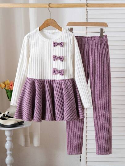 2pcs/Set Tween GirlsFashion Fuzzy Striped Contrast Color Bow Decor Long Sleeve Top (With Skirt Hem) + Leggings, Suitable For Casual Occasions Like Daily Wear, Outing, Travel, Fit For Girls Aged 8-12, Spring/Autumn