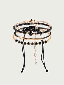 Glisma 4 件套时尚黑水晶手工串珠手链套装，适合女士，时尚度假派对珠宝礼物 - 黑色 - 查看 1