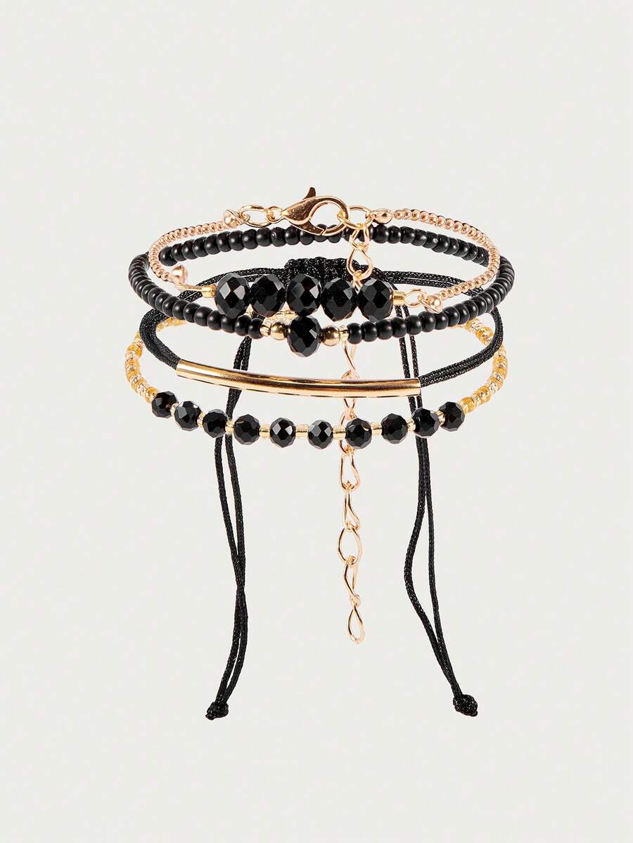 Glisma 4 件套时尚黑水晶手工串珠手链套装，适合女士，时尚度假派对珠宝礼物 - 黑色 - 查看 1