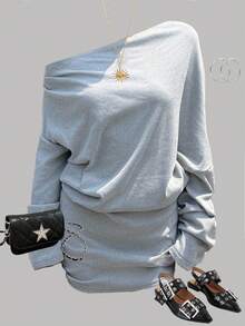 SHEIN Teen Girls Autumn New Arrival Velvet Asymmetrical Shoulder Long Sleeve Bodycon Dress - Grey - View 1