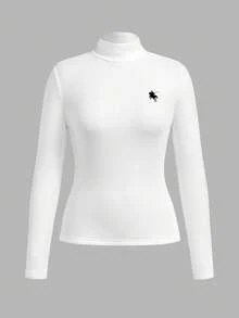 SHEIN BASICS Áo thun dài tay lót nhiệt in logo ngựa trắng đa năng, phong cách tối giản, thoải mái dành cho nữ, phù hợp cho mùa thu/đông - trắng - Xem 3