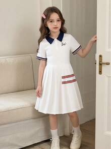 Casuvi Kids Abito casual da ragazza con colletto polo a blocchi di colore, stampa a cuori e lettere, vestibilità morbida, comodo per primavera, estate, autunno, adatto per uso quotidiano, feste di compleanno, eventi scolastici, raduni familiari e occasioni formali - Multicolore - Visualizzare 8