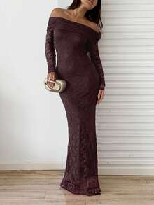 Sunnyshic Abito elegante da donna con spalle scoperte in pizzo e orlo a coda di pesce, adatto per matrimoni e feste di Natale - Caffè Marrone - Visualizzare 3