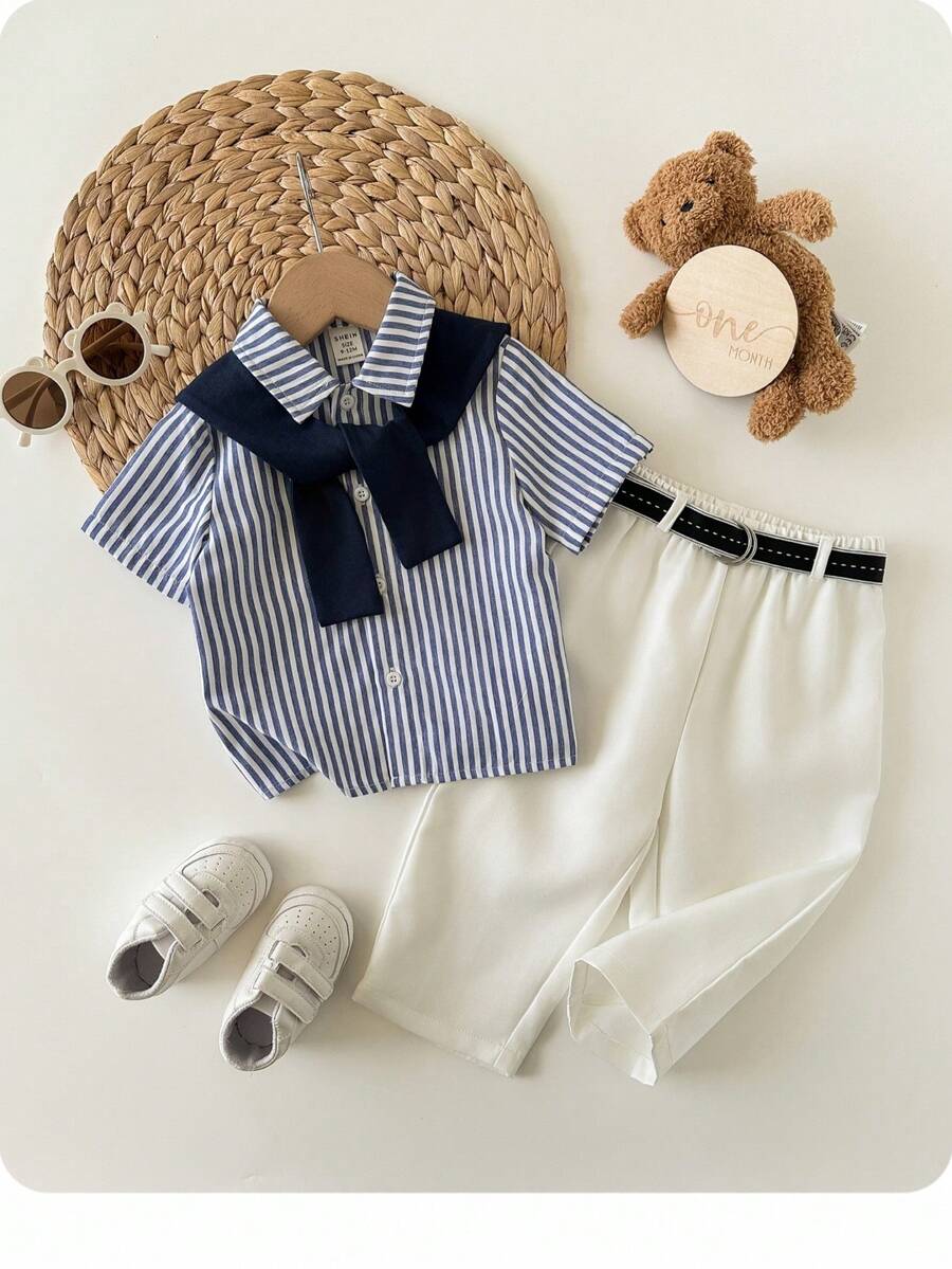 Newborn Baby Boy Cute Casual Striped Short Sleeve Shirt, Elastic Waist Pants And Shawl 3-Piece Set