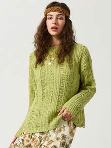 MYSTAURA Women's Loose Fit Jacquard Hollow Out Pullover Knit Top, Essential Spring/Autumn Item - Green - View 4