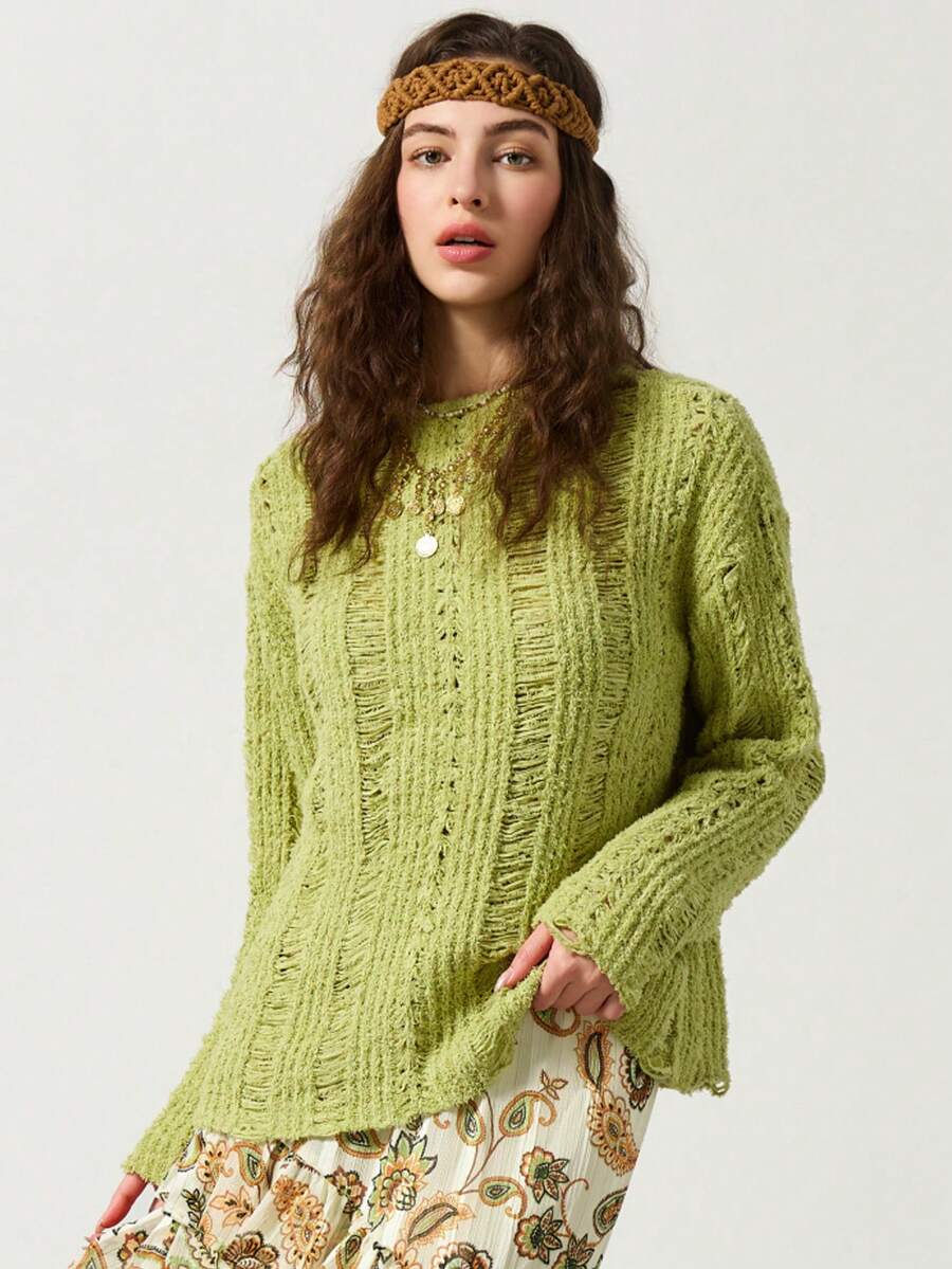 Women's Loose Fit Jacquard Hollow Out Pullover Knit Top, Essential Spring/Autumn Item - Green - View 1