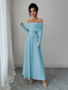 Elenzga Robe longue élégante à manches longues, épaules dénudées et plissée de couleur unie pour femmes - Bleu azur - Voir 4