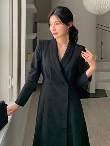 DAZY Đầm maxi nữ thanh lịch, trang nhã, đơn giản, đa năng, màu trơn, cổ shawl, cài cúc hai hàng, eo thon. - màu đen - Xem 6