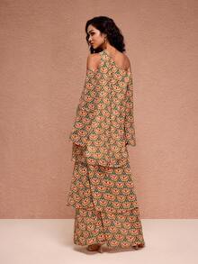 JIAN LASALA All-Over Print Chiffon Asymmetric Neck One-Shoulder Flared Sleeves Layered Maxi Dress Sunflower Dress Women Summer Maxi Dress Women Vacation Dress Moftif Dresses For Women 70s Dress Beach Wedding Guest - Multicolor - View 2