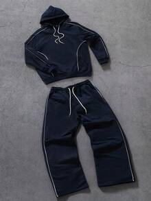 PAVTROS 年轻休闲撞色滚边时尚藏蓝色男士连帽衫套装 - 藏蓝色 - 查看 3