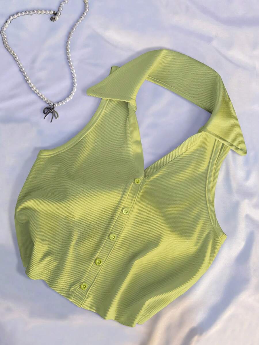 INAWLY Women's Fashion Casual Street Chic Polo Collar Turndown Collar Slim Fit Backless V-Neck Sleeveless Top - Green - View 1