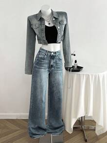 SHEIN 少女口袋宽腿宽松休闲百搭牛仔裤