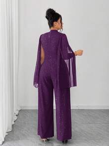 Elenzga Plus Size Women's Elegant Party Dress, Sequin Embellished, Long Sleeve Jumpsuit, Autumn - Purple - View 2