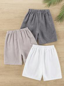 SHEIN 3pcs/Set Kids/Tween Boys' White,Summmer,Casual Comfortable Patch Decor Straight Loose Linen Short Sets,Everyday Light Grey Summer Pants For Boys - Multicolor - View 3