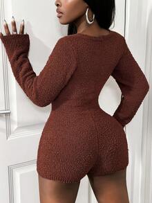 SHEIN BamGlam جمبسوت قصيرة مطابقة للمرأة، كم طويل وياقة على شكل حرف V، لون بيج فاتح أحادي اللون، إغلاق نصف أزرار، جمبسوت كاجوال فينتاج أنيقة - كاكي - مشاهدة 2