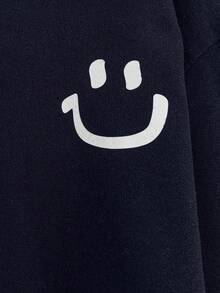 Plus Size 100% Cotton Men's Smile Embroidered Fitted Hoodie - Navy Blue - View 4