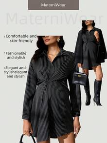 MaterniWear 孕妇条纹落肩长袖腰纽扣设计休闲衬衫裙 - 黑色 - 查看 1