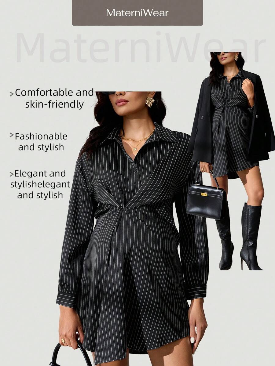 MaterniWear 孕妇条纹落肩长袖腰纽扣设计休闲衬衫裙 - 黑色 - 查看 1