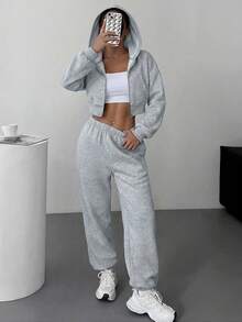 SHEIN EZwear 灰色花卉针织女式休闲运动套装 - 灰色 - 查看 3