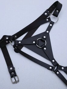 Spicy Aura 2pcs Women's Sexy Ring Linked Leather Lingerie Set - Black - View 3