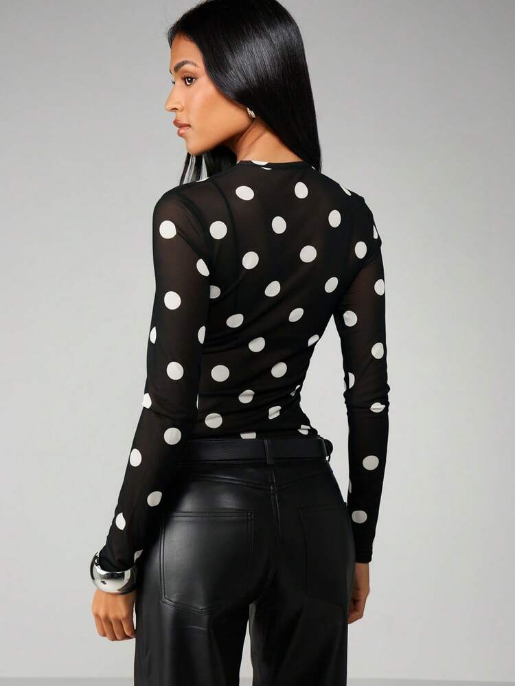 MISSGUIDED Polka Dot Mesh Long Sleeve Top With Mock Neck And Sheer Overlay For Fall Winter