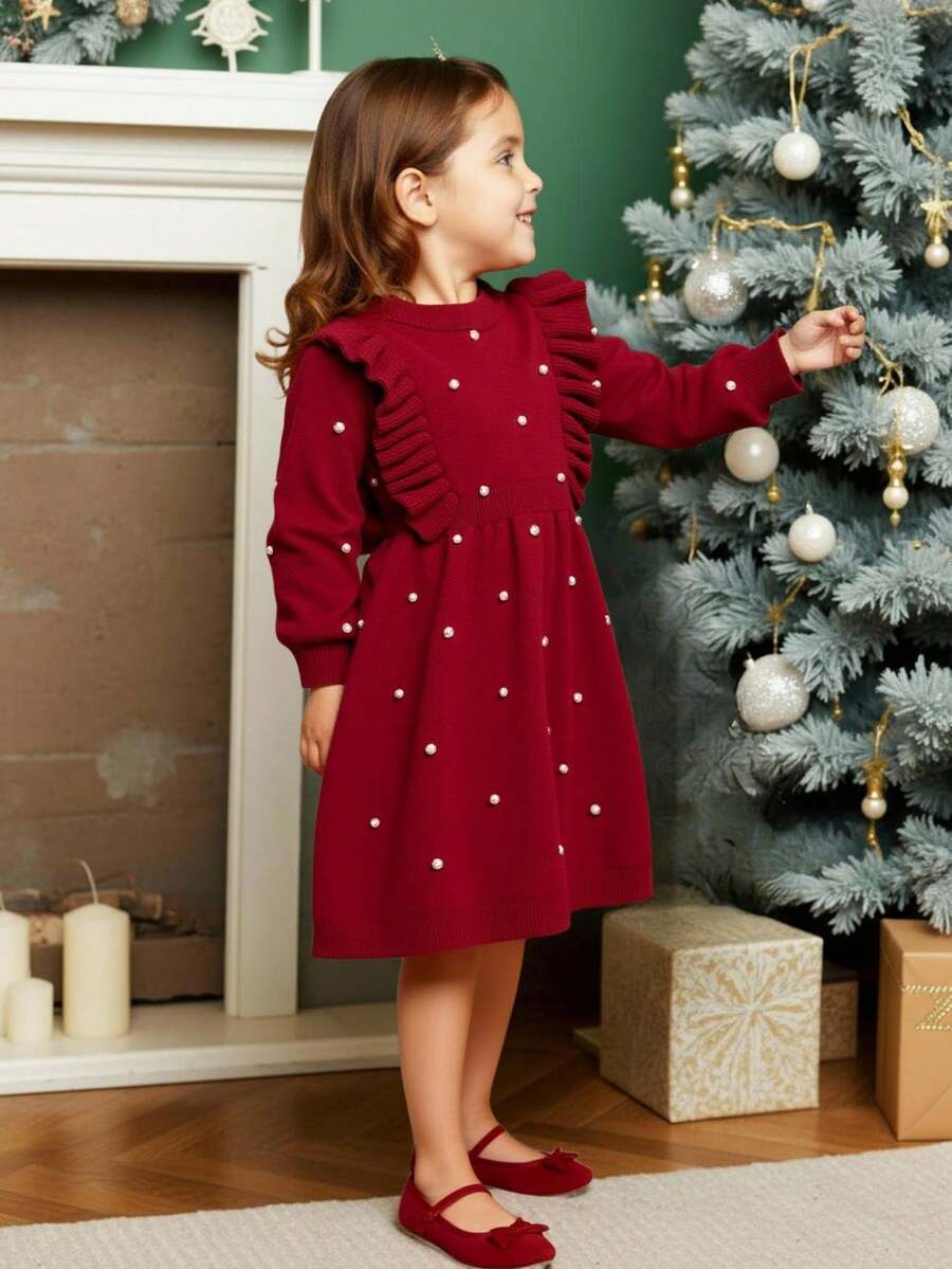 SHEIN Playful Pals 女童荷叶边领口串珠针织A字长袖连衣裙,柔软舒适,适合日常穿着、外出、旅行、度假、居家、托儿所和儿童游戏等场合。 - 酒紅色 - 查看 1