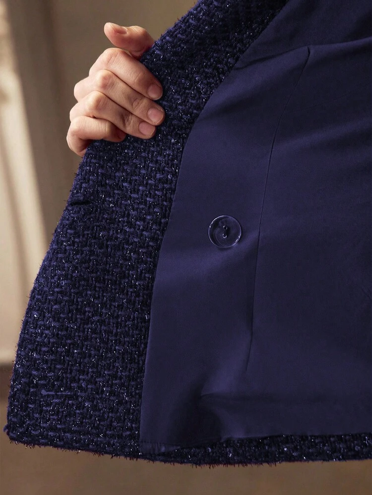 AUTUMN/WINTER FRENCH TWEED SEQUIN DETAIL LAPEL COLLAR LONG SLEEVE FITTED SHORT WOMEN'S BLAZER